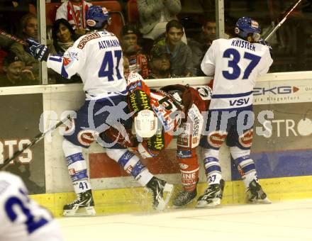 EBEL. Eishockey Bundesliga. KAC gegen VSV.  GEIER Stefan (KAC),  ALTMANN Mario, KRISTLER Andreas (VSV). Klagenfurt, am 10.9.2010.
Foto: Kuess 

---
pressefotos, pressefotografie, kuess, qs, qspictures, sport, bild, bilder, bilddatenbank