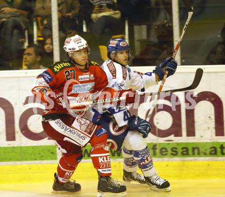 EBEL. Eishockey Bundesliga. KAC gegen VSV. HUNDERTPFUND Thomas (KAC), ALTMANN Mario (VSV). Klagenfurt, am 10.9.2010.
Foto: Kuess 

---
pressefotos, pressefotografie, kuess, qs, qspictures, sport, bild, bilder, bilddatenbank