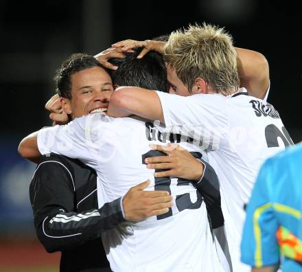 Fussball. Erste Liga. RZ Pellets WAC/St. Andrae gegen TSV Sparkasse Hartberg.Torjubel Sandro Gotal, Sollbauer Michael, Sahanek Marco (WAC). Wolfsberg, 10.9.2010. 
Foto: Kuess

---
pressefotos, pressefotografie, kuess, qs, qspictures, sport, bild, bilder, bilddatenbank