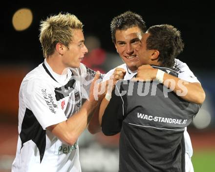 Fussball. Erste Liga. RZ Pellets WAC/St. Andrae gegen TSV Sparkasse Hartberg. Torjubel Sandro Gotal, Sollbauer Michael, Sahanek Marco (WAC). Wolfsberg, 10.9.2010. 
Foto: Kuess

---
pressefotos, pressefotografie, kuess, qs, qspictures, sport, bild, bilder, bilddatenbank