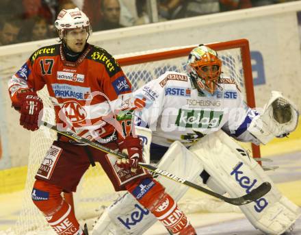 EBEL. Eishockey Bundesliga. KAC gegen VSV. Gregor Hager (KAC), Gert Prohaska (VSV). Klagenfurt, am 10.9.2010.
Foto: Kuess 
---
pressefotos, pressefotografie, kuess, qs, qspictures, sport, bild, bilder, bilddatenbank