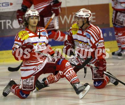 EBEL. Eishockey Bundesliga. KAC gegen VSV. Raphael Herburger, Tyler Scofield (KAC). Klagenfurt, am 10.9.2010.
Foto: Kuess 
---
pressefotos, pressefotografie, kuess, qs, qspictures, sport, bild, bilder, bilddatenbank