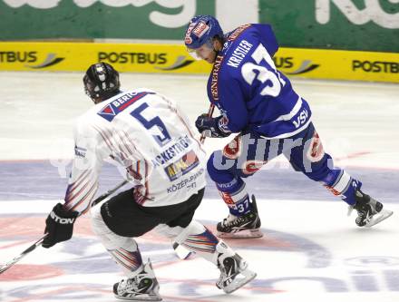 EBEL. Eishockey Bundesliga. EC Pasut VSV gegen Alba Volan SAPA Fehervar. KRISTLER Andreas (VSV), ACKESTROEM Oscar (Alba Volan). Villach, am 17.9.2010.
Foto: Kuess 


---
pressefotos, pressefotografie, kuess, qs, qspictures, sport, bild, bilder, bilddatenbank