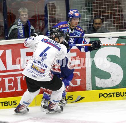 EBEL. Eishockey Bundesliga. EC Pasut VSV gegen Alba Volan SAPA Fehervar. RAFFL Michael (VSV), HORVATH Andras (Alba Volan). Villach, am 17.9.2010.
Foto: Kuess 


---
pressefotos, pressefotografie, kuess, qs, qspictures, sport, bild, bilder, bilddatenbank