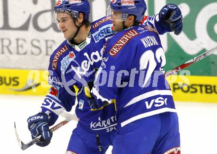 EBEL. Eishockey Bundesliga. EC Pasut VSV gegen Alba Volan SAPA Fehervar. Torjubel FERLAND Jonathan, KUZNIK Greg (VSV). Villach, am 17.9.2010.
Foto: Kuess 


---
pressefotos, pressefotografie, kuess, qs, qspictures, sport, bild, bilder, bilddatenbank