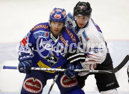 EBEL. Eishockey Bundesliga. EC Pasut VSV gegen Alba Volan SAPA Fehervar.  Derek Damon (VSV), Daniel Fekete (Alba Volan). Villach, am 17.9.2010.
Foto: Kuess 


---
pressefotos, pressefotografie, kuess, qs, qspictures, sport, bild, bilder, bilddatenbank