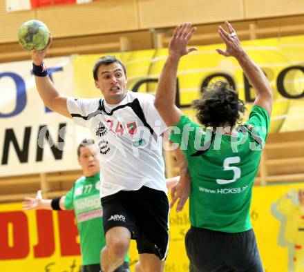 Handball Bundesliga. SC Ferlach gegen HC Kelag Kaernten. Daniel Plesej, (Ferlach),  Branko Bedekovic (HCK). Ferlach, 18.9.2010.
Foto: Kuess
---
pressefotos, pressefotografie, kuess, qs, qspictures, sport, bild, bilder, bilddatenbank