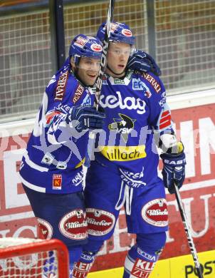 EBEL. Eishockey Bundesliga. VSV gegen Graz 99ers. Torjubel Derek Damon, Matt Ryan (VSV). Villach, am 19.9.2010.
Foto: Kuess
---
pressefotos, pressefotografie, kuess, qs, qspictures, sport, bild, bilder, bilddatenbank