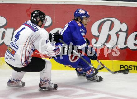 EBEL. Eishockey Bundesliga. EC Pasut VSV gegen Alba Volan SAPA Fehervar. Nico Toff (VSV), Andras HORVATH (Alba Volan). Villach, am 17.9.2010.
Foto: Kuess 


---
pressefotos, pressefotografie, kuess, qs, qspictures, sport, bild, bilder, bilddatenbank