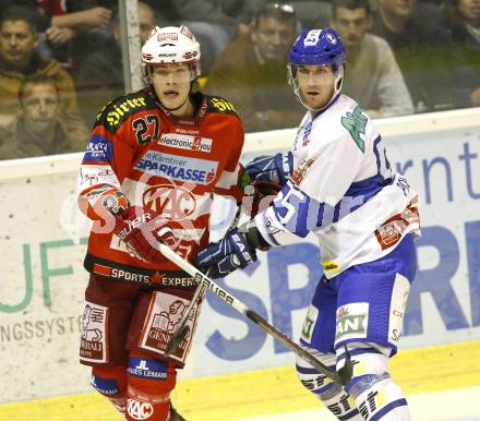 EBEL. Eishockey Bundesliga. KAC gegen KHL Medvescak Zagreb.  HUNDERTPFUND Thomas (KAC),  POWERS Christopher (Zagreb). Klagenfurt, am 26.9.2010.
Foto: Kuess 

---
pressefotos, pressefotografie, kuess, qs, qspictures, sport, bild, bilder, bilddatenbank