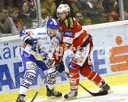 EBEL. Eishockey Bundesliga. KAC gegen KHL Medvescak Zagreb.  PIRMANN Markus (KAC), POWERS Christopher (Zagreb). Klagenfurt, am 26.9.2010.
Foto: Kuess 

---
pressefotos, pressefotografie, kuess, qs, qspictures, sport, bild, bilder, bilddatenbank