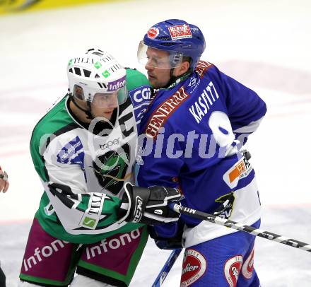 EBEL. Eishockey Bundesliga. EC Pasut VSV gegen Olimpija Ljubljana (Laibach). Roland Kaspitz, (VSV),  Ziga Pance  (Ljubljana). Villach, am 8.10.2010.
Foto: Kuess 


---
pressefotos, pressefotografie, kuess, qs, qspictures, sport, bild, bilder, bilddatenbank