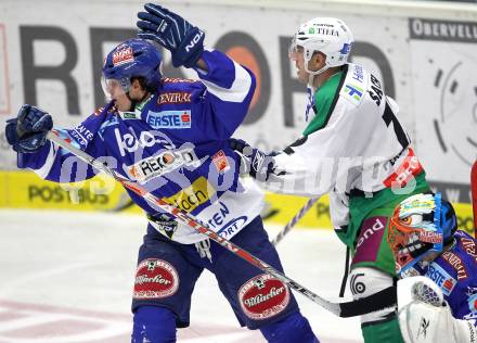 EBEL. Eishockey Bundesliga. EC Pasut VSV gegen Olimpija Ljubljana (Laibach).  Mario Altmann, (VSV), Petr Sachl (Ljubljana). Villach, am 8.10.2010.
Foto: Kuess 


---
pressefotos, pressefotografie, kuess, qs, qspictures, sport, bild, bilder, bilddatenbank