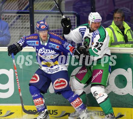 EBEL. Eishockey Bundesliga. EC Pasut VSV gegen Olimpija Ljubljana (Laibach).  Michael Raffl, (VSV),  Kari Haakana (Ljubljana). Villach, am 8.10.2010.
Foto: Kuess 


---
pressefotos, pressefotografie, kuess, qs, qspictures, sport, bild, bilder, bilddatenbank