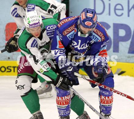 EBEL. Eishockey Bundesliga. EC Pasut VSV gegen Olimpija Ljubljana (Laibach). Nikolas Petrik, (VSV), Nejc Berlisk  (Ljubljana). Villach, am 8.10.2010.
Foto: Kuess 


---
pressefotos, pressefotografie, kuess, qs, qspictures, sport, bild, bilder, bilddatenbank