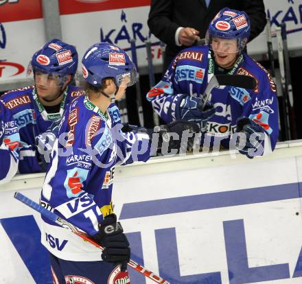 EBEL. Eishockey Bundesliga. EC Pasut VSV gegen Olimpija Ljubljana (Laibach).  Torjubel Michael Raffl (VSV). Villach, am 8.10.2010.
Foto: Kuess 


---
pressefotos, pressefotografie, kuess, qs, qspictures, sport, bild, bilder, bilddatenbank