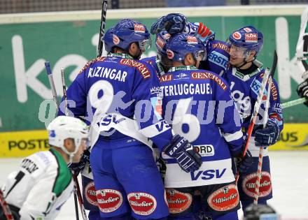 EBEL. Eishockey Bundesliga. EC Pasut VSV gegen Olimpija Ljubljana (Laibach).  Torjubel VSV. Villach, am 8.10.2010.
Foto: Kuess 


---
pressefotos, pressefotografie, kuess, qs, qspictures, sport, bild, bilder, bilddatenbank