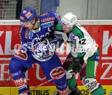 EBEL. Eishockey Bundesliga. EC Pasut VSV gegen Olimpija Ljubljana (Laibach).  Jonathan Ferland, (VSV), John Hughes (Ljubljana). Villach, am 8.10.2010.
Foto: Kuess 


---
pressefotos, pressefotografie, kuess, qs, qspictures, sport, bild, bilder, bilddatenbank