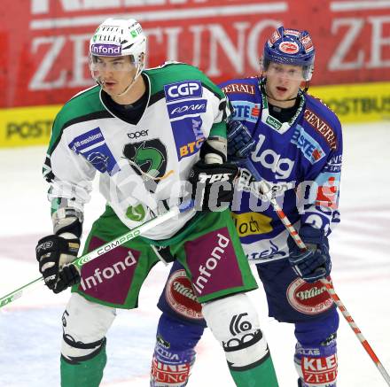 EBEL. Eishockey Bundesliga. EC Pasut VSV gegen Olimpija Ljubljana (Laibach). Andreas Wiedergut, (VSV),  Ziga Pavlin (Ljubljana). Villach, am 8.10.2010.
Foto: Kuess 


---
pressefotos, pressefotografie, kuess, qs, qspictures, sport, bild, bilder, bilddatenbank