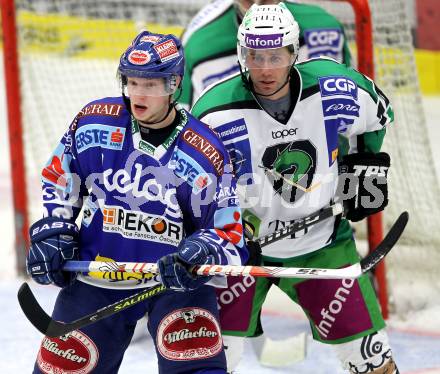 EBEL. Eishockey Bundesliga. EC Pasut VSV gegen Olimpija Ljubljana (Laibach). Andreas Wiedergut,  (VSV), Matej Hocevar (Ljubljana). Villach, am 8.10.2010.
Foto: Kuess 


---
pressefotos, pressefotografie, kuess, qs, qspictures, sport, bild, bilder, bilddatenbank