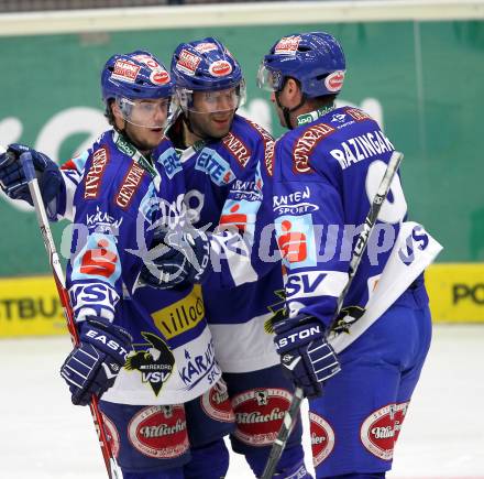 EBEL. Eishockey Bundesliga. EC Pasut VSV gegen Olimpija Ljubljana (Laibach).  Torjubel Andreas Kristler, Derek Damon, Tomaz Razingar (VSV). Villach, am 8.10.2010.
Foto: Kuess 


---
pressefotos, pressefotografie, kuess, qs, qspictures, sport, bild, bilder, bilddatenbank