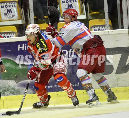 EBEL. Eishockey Bundesliga. KAC gegen HK Acroni Jesenice. Thomas Hundertpfund, (KAC), Brett Lysak  (Jesenice). Klagenfurt, am 10.10.2010.
Foto: Kuess 

---
pressefotos, pressefotografie, kuess, qs, qspictures, sport, bild, bilder, bilddatenbank