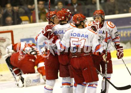 EBEL. Eishockey Bundesliga. KAC gegen HK Acroni Jesenice. Torjubel Jesenice. Klagenfurt, am 10.10.2010.
Foto: Kuess 

---
pressefotos, pressefotografie, kuess, qs, qspictures, sport, bild, bilder, bilddatenbank