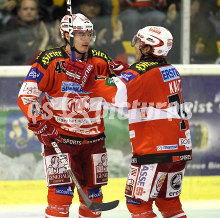 EBEL. Eishockey Bundesliga. KAC gegen HK Acroni Jesenice. Torjubel David Schuller, Dieter Kalt (KAC). Klagenfurt, am 10.10.2010.
Foto: Kuess 

---
pressefotos, pressefotografie, kuess, qs, qspictures, sport, bild, bilder, bilddatenbank