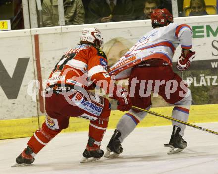 EBEL. Eishockey Bundesliga. KAC gegen HK Acroni Jesenice. Gregor Hager,  (KAC),  Robert Sabolic (Jesenice). Klagenfurt, am 10.10.2010.
Foto: Kuess 

---
pressefotos, pressefotografie, kuess, qs, qspictures, sport, bild, bilder, bilddatenbank