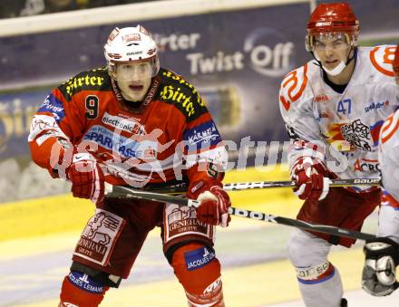 EBEL. Eishockey Bundesliga. KAC gegen HK Acroni Jesenice. Tyler Spurgeon,  (KAC), Matevz Erman (Jesenice). Klagenfurt, am 10.10.2010.
Foto: Kuess 

---
pressefotos, pressefotografie, kuess, qs, qspictures, sport, bild, bilder, bilddatenbank