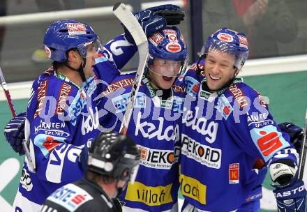 EBEL. Eishockey Bundesliga. EC Pasut VSV gegen EV Vienna Capitals.  Torjubel Greg Kuznik, Andreas Kristler, Matt Ryan (VSV). Villach, am 15.10.2010.
Foto: Kuess 


---
pressefotos, pressefotografie, kuess, qs, qspictures, sport, bild, bilder, bilddatenbank