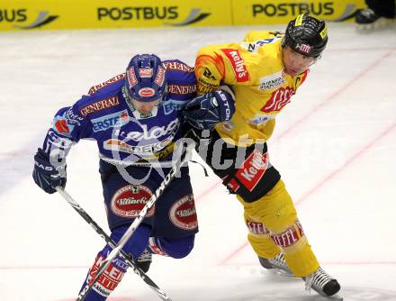 EBEL. Eishockey Bundesliga. EC Pasut VSV gegen EV Vienna Capitals.  Derek Damon, (VSV), GRATTON Benoit (Vienna). Villach, am 15.10.2010.
Foto: Kuess 


---
pressefotos, pressefotografie, kuess, qs, qspictures, sport, bild, bilder, bilddatenbank