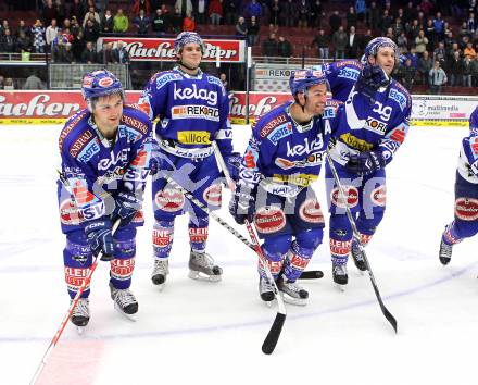 EBEL. Eishockey Bundesliga. EC Pasut VSV gegen KHL Medvescak Zagreb. Jubel Jonathan Ferland, Michael Koefeler, Nikolas Petrik, Tomaz Razingar (VSV). Villach, am 17.10.2010.
Foto: Kuess 


---
pressefotos, pressefotografie, kuess, qs, qspictures, sport, bild, bilder, bilddatenbank