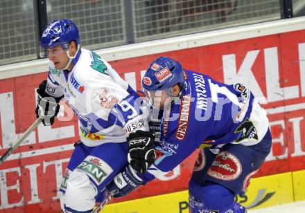 EBEL. Eishockey Bundesliga. EC Pasut VSV gegen KHL Medvescak Zagreb. Kevin Mitchell,  (VSV), KINASEWICH Ryan (Zagreb). Villach, am 17.10.2010.
Foto: Kuess 


---
pressefotos, pressefotografie, kuess, qs, qspictures, sport, bild, bilder, bilddatenbank