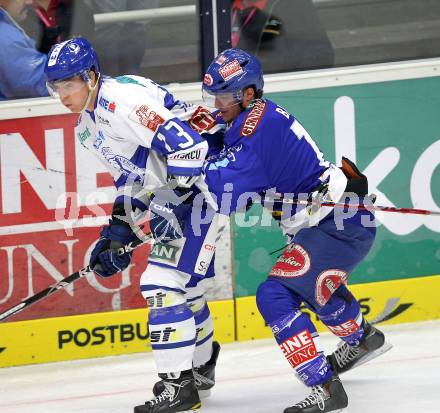 EBEL. Eishockey Bundesliga. EC Pasut VSV gegen KHL Medvescak Zagreb. Stefan Bacher, (VSV), FILEWICH Jonathan (Zagreb). Villach, am 17.10.2010.
Foto: Kuess 


---
pressefotos, pressefotografie, kuess, qs, qspictures, sport, bild, bilder, bilddatenbank