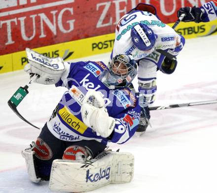 EBEL. Eishockey Bundesliga. EC Pasut VSV gegen KHL Medvescak Zagreb. Bernhard Starkbaum, (VSV), FILEWICH Jonathan (Zagreb). Villach, am 17.10.2010.
Foto: Kuess 


---
pressefotos, pressefotografie, kuess, qs, qspictures, sport, bild, bilder, bilddatenbank