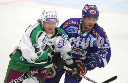 EBEL. Eishockey Bundesliga. EC Pasut VSV gegen Olimpija Ljubljana  (Laibach). Derek Damon (VSV), Tomi Mustonen (Ljubljana). Villach, am 8.10.2010.
Foto: Kuess 


---
pressefotos, pressefotografie, kuess, qs, qspictures, sport, bild, bilder, bilddatenbank