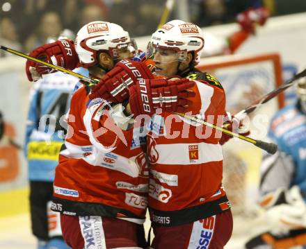 EBEL. Eishockey Bundesliga. KAC gegen EHC LIWEST Linz. Torjubel BROWN Sean, HAGER Gregor (KAC), (Linz). Klagenfurt, am 22.10.2010.
Foto: Nadja Kuess
---
pressefotos, pressefotografie, kuess, qs, qspictures, sport, bild, bilder, bilddatenbank