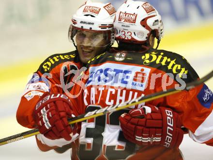 EBEL. Eishockey Bundesliga. KAC gegen EHC LIWEST Linz. Torjubel HAGER Gregor, RATCHUK Peter (KAC), (Linz). Klagenfurt, am 22.10.2010.
Foto: Nadja Kuess
---
pressefotos, pressefotografie, kuess, qs, qspictures, sport, bild, bilder, bilddatenbank