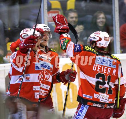 EBEL. Eishockey Bundesliga. KAC gegen Alba Volan SAPA Fehervar AV19. Torjubel Tyler Spurgeon, Stefan Geier, Manuel Geier (KAC). Klagenfurt, am 26.10.2010.
Foto: Kuess 

---
pressefotos, pressefotografie, kuess, qs, qspictures, sport, bild, bilder, bilddatenbank