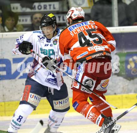 EBEL. Eishockey Bundesliga. KAC gegen Alba Volan SAPA Fehervar AV19. David Schuller,  (KAC),  Adam Hegyi (Alba Volan). Klagenfurt, am 26.10.2010.
Foto: Kuess 

---
pressefotos, pressefotografie, kuess, qs, qspictures, sport, bild, bilder, bilddatenbank