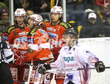 EBEL. Eishockey Bundesliga. KAC gegen Alba Volan SAPA Fehervar AV19. Torjubel Christoph Brandner, Paul Schellander, Herbert Ratz (KAC). Klagenfurt, am 26.10.2010.
Foto: Kuess 

---
pressefotos, pressefotografie, kuess, qs, qspictures, sport, bild, bilder, bilddatenbank