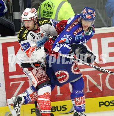 EBEL. Eishockey Bundesliga. VSV gegen KAC. Michael Raffl, (VSV), Tyler Spurgeon (KAC). Villach, am 29.10.2010.
Foto: Kuess 

---
pressefotos, pressefotografie, kuess, qs, qspictures, sport, bild, bilder, bilddatenbank