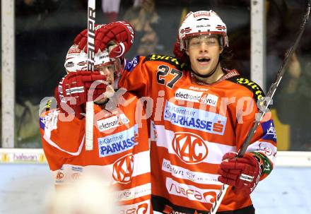 EBEL. Eishockey Bundesliga. KAC gegen EV Vienna Capitals.  Torjubel Markus Pirmann, Thomas Hundertpfund (KAC). Klagenfurt, 5.11.2010.
Foto: Kuess 

---
pressefotos, pressefotografie, kuess, qs, qspictures, sport, bild, bilder, bilddatenbank