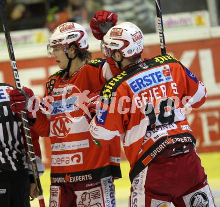 EBEL. Eishockey Bundesliga. KAC gegen EV Vienna Capitals.  Torjubel Raphael Herburger, Stefan Geier (KAC). Klagenfurt, 5.11.2010.
Foto: Kuess 

---
pressefotos, pressefotografie, kuess, qs, qspictures, sport, bild, bilder, bilddatenbank