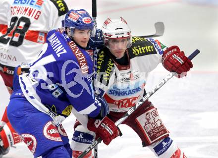 EBEL. Eishockey Bundesliga.  VSV gegen KAC. Christoph Martinz, (VSV), Dieter Kalt  (KAC). Villach, am 7.11.2010.
Foto: Kuess 


---
pressefotos, pressefotografie, kuess, qs, qspictures, sport, bild, bilder, bilddatenbank