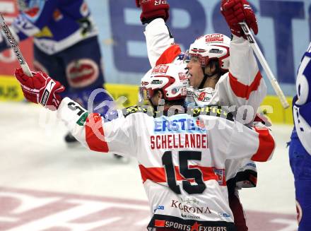 EBEL. Eishockey Bundesliga.  VSV gegen KAC.  Torjubel Thomas HUndertpfund, Paul Schellander (KAC). Villach, am 7.11.2010.
Foto: Kuess 


---
pressefotos, pressefotografie, kuess, qs, qspictures, sport, bild, bilder, bilddatenbank