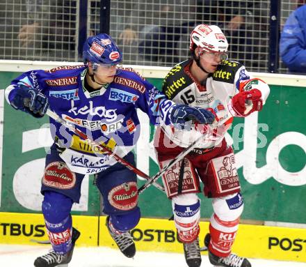 EBEL. Eishockey Bundesliga.  VSV gegen KAC. Stefan Bacher,  (VSV), Paul Schellander (KAC). Villach, am 7.11.2010.
Foto: Kuess 


---
pressefotos, pressefotografie, kuess, qs, qspictures, sport, bild, bilder, bilddatenbank