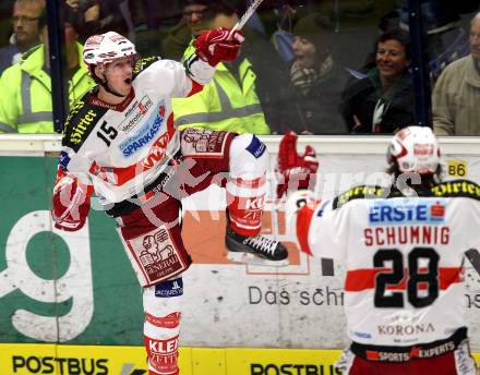 EBEL. Eishockey Bundesliga.  VSV gegen KAC.  Torjubel Paul Schellander (KAC). Villach, am 7.11.2010.
Foto: Kuess 


---
pressefotos, pressefotografie, kuess, qs, qspictures, sport, bild, bilder, bilddatenbank