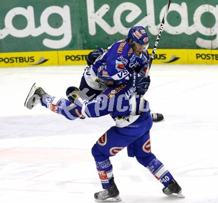 EBEL. Eishockey Bundesliga. EC Pasut VSV gegen HK Acroni Jesenice.  Torjubel DAMON Derek, LANGFELD Joshua (VSV). Villach, am 19.11.2010.
Foto: Kuess 


---
pressefotos, pressefotografie, kuess, qs, qspictures, sport, bild, bilder, bilddatenbank